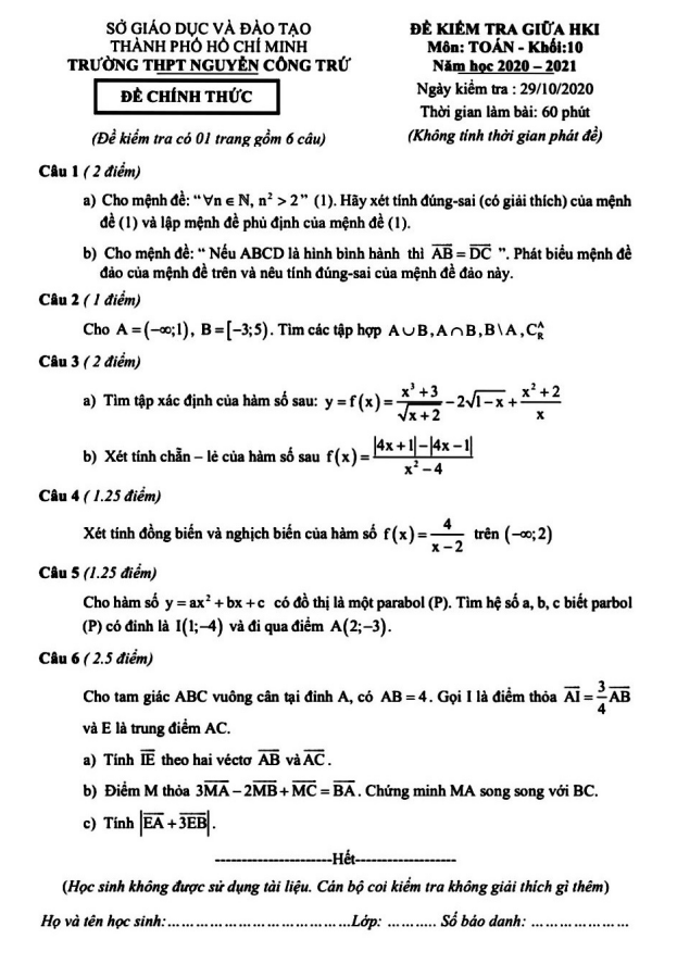de thi giua hoc ki 1 hk1 lop 10 mon toan nam 2020 2021 truong thpt nguyen cong tru tp hcm d