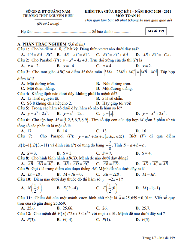 de thi giua hoc ki 1 hk1 lop 10 mon toan nam 2020 2021 truong thpt nguyen hien quang nam d