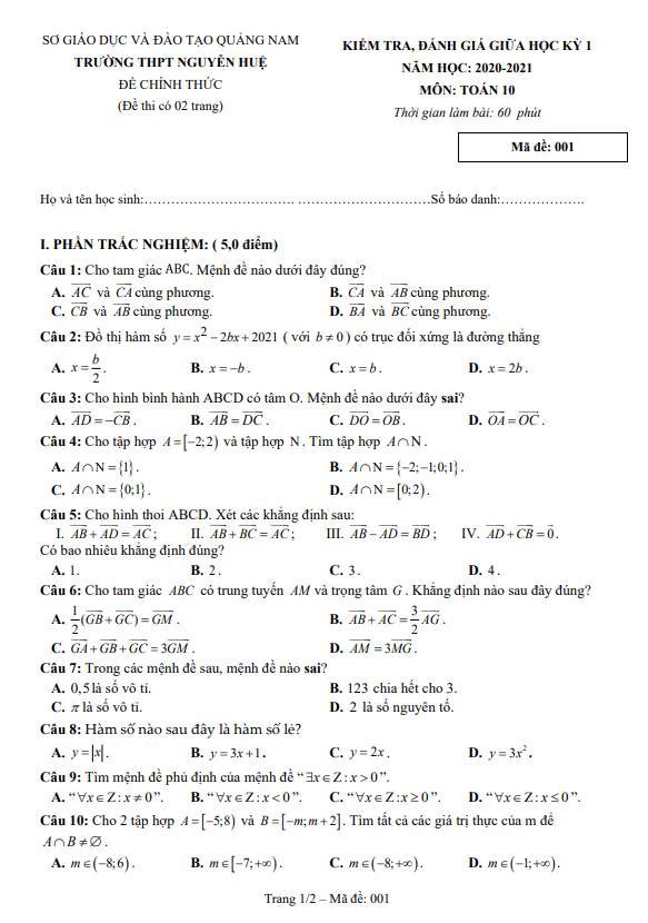 de thi giua hoc ki 1 hk1 lop 10 mon toan nam 2020 2021 truong thpt nguyen hue quang nam d