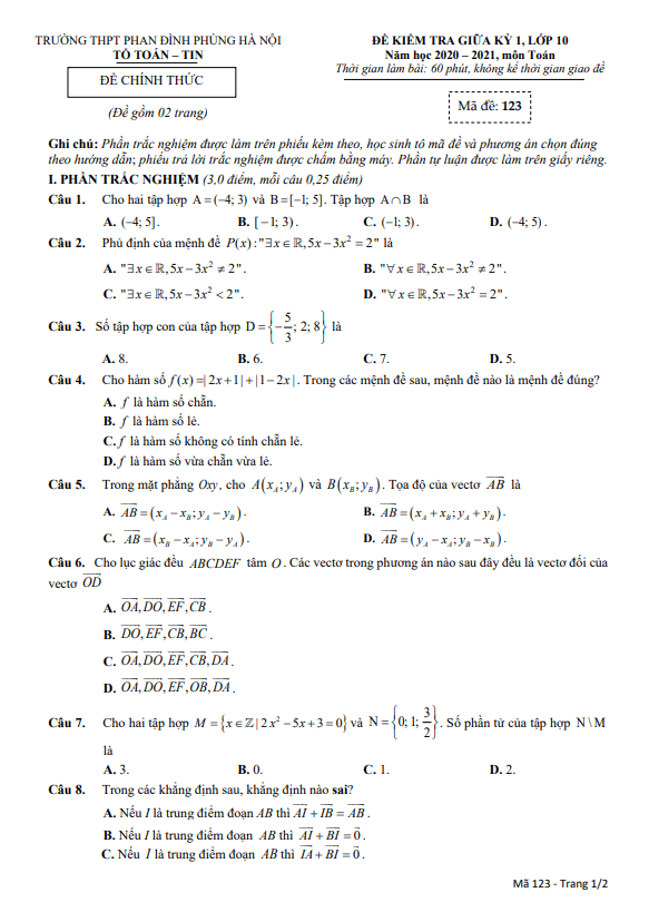 de thi giua hoc ki 1 hk1 lop 10 mon toan nam 2020 2021 truong thpt phan dinh phung ha noi d