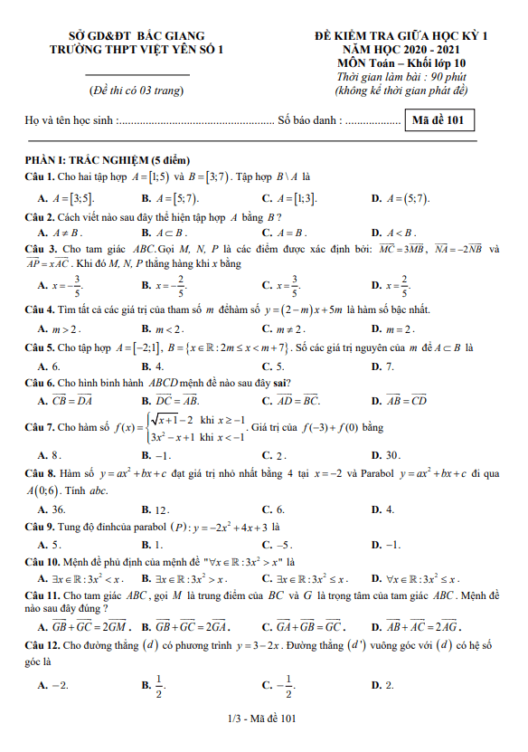 de thi giua hoc ki 1 hk1 lop 10 mon toan nam 2020 2021 truong thpt viet yen 1 bac giang d