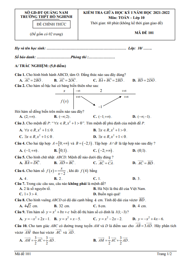 de thi giua hoc ki 1 hk1 lop 10 mon toan nam 2021 2022 truong thpt ho nghinh quang nam d