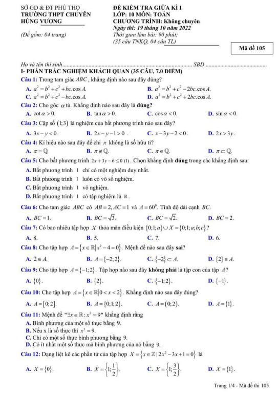 de thi giua hoc ki 1 hk1 lop 10 mon toan nam 2022 2023 truong chuyen hung vuong phu tho d