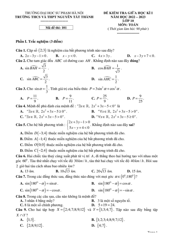 de thi giua hoc ki 1 hk1 lop 10 mon toan nam 2022 2023 truong nguyen tat thanh ha noi d