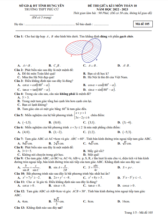 Đề thi giữa học kì 1 (HK1) lớp 10 môn Toán năm 2022 2023 trường THPT Phù Cừ Hưng Yên 2 de thi giua hoc ki 1 hk1 lop 10 mon toan nam 2022 2023 truong thpt phu cu hung yen d