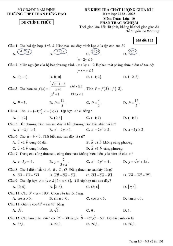 de thi giua hoc ki 1 hk1 lop 10 mon toan nam 2022 2023 truong thpt tran hung dao nam dinh d