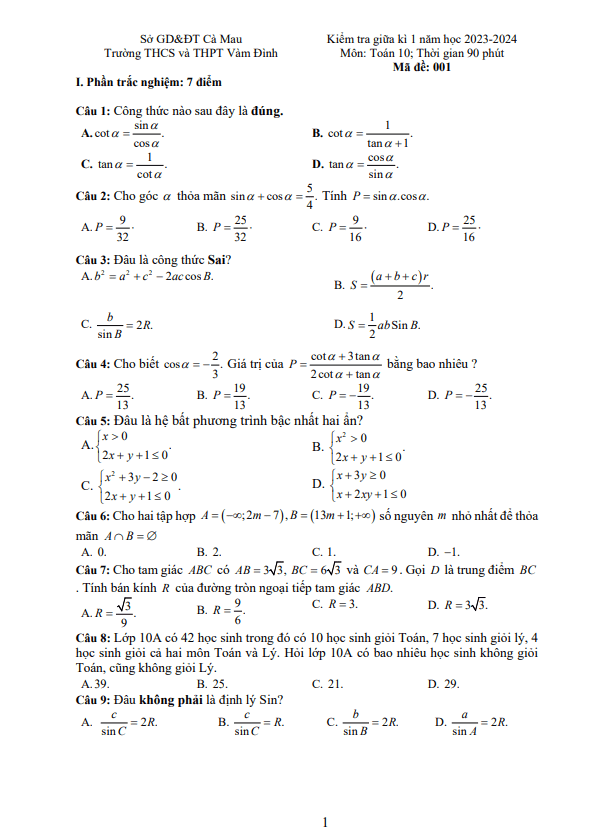 de thi giua hoc ki 1 hk1 lop 10 mon toan nam 2023 2024 truong thcs thpt vam dinh ca mau d