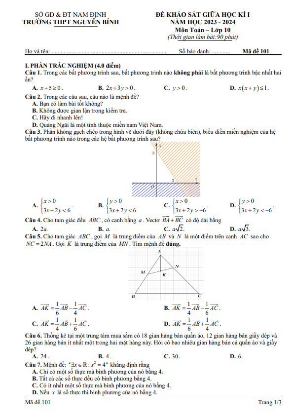 de thi giua hoc ki 1 hk1 lop 10 mon toan nam 2023 2024 truong thpt nguyen binh nam dinh d