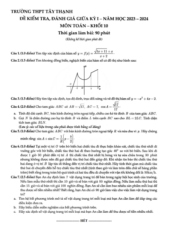 de thi giua hoc ki 1 hk1 lop 10 mon toan nam 2023 2024 truong thpt tay thanh tp hcm d