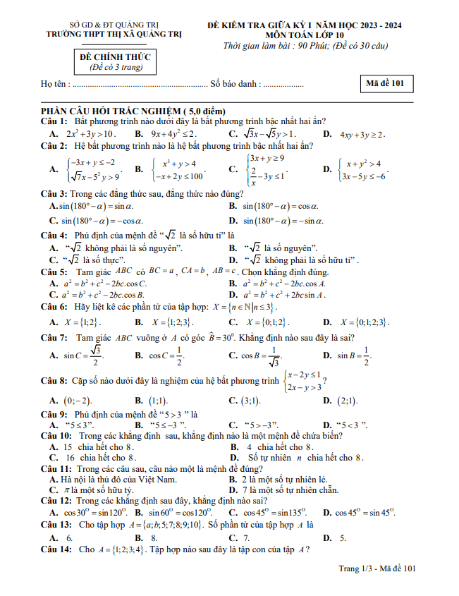 Đề thi giữa học kì 1 (HK1) lớp 10 môn Toán năm 2023 2024 trường THPT Thị xã Quảng Trị 6 de thi giua hoc ki 1 hk1 lop 10 mon toan nam 2023 2024 truong thpt thi xa quang tri d