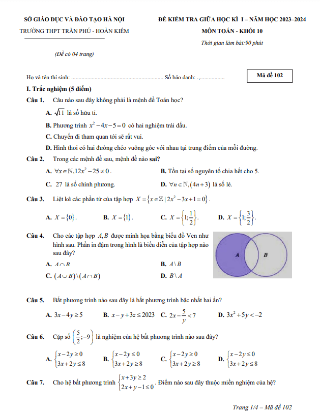 Đề thi giữa học kì 1 (HK1) lớp 10 môn Toán năm 2023 2024 trường THPT Trần Phú Hà Nội 1 de thi giua hoc ki 1 hk1 lop 10 mon toan nam 2023 2024 truong thpt tran phu ha noi d