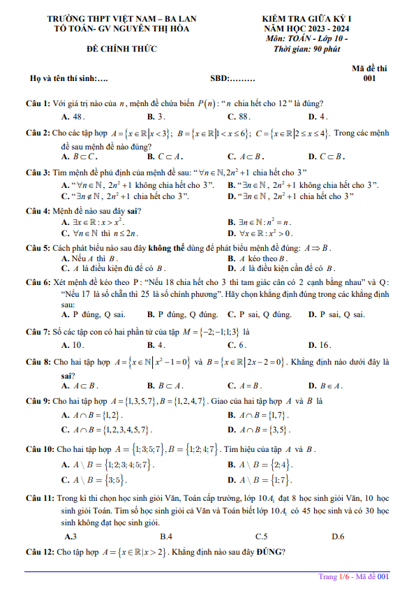 de thi giua hoc ki 1 hk1 lop 10 mon toan nam 2023 2024 truong thpt viet nam ba lan ha noi d
