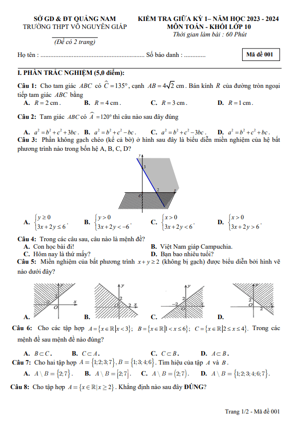 de thi giua hoc ki 1 hk1 lop 10 mon toan nam 2023 2024 truong thpt vo nguyen giap quang nam d