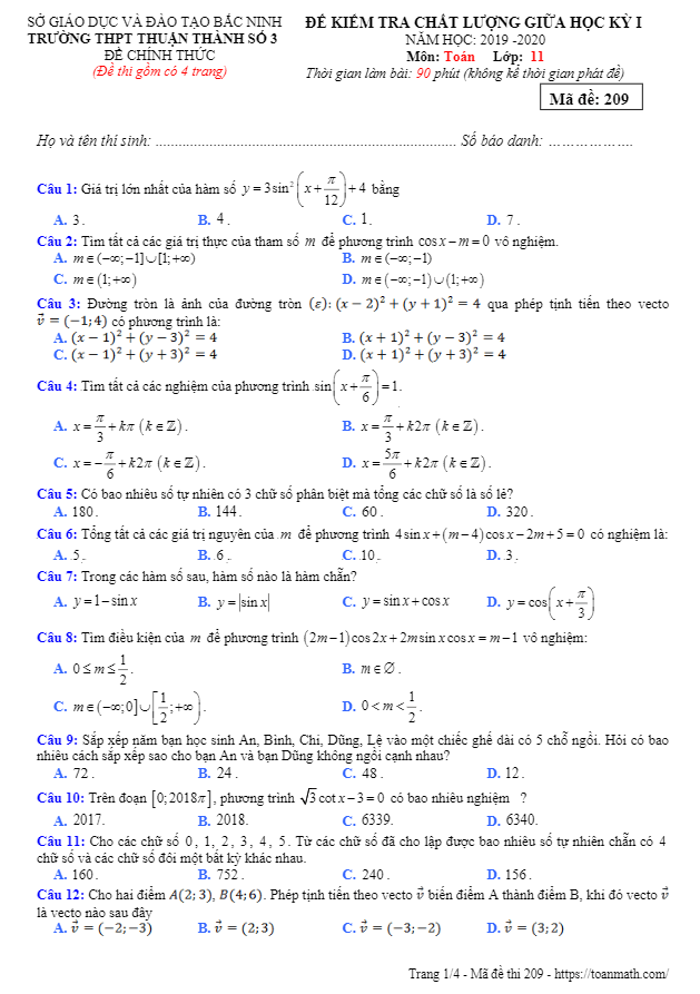 de thi giua hoc ki 1 hk1 lop 11 mon toan nam 2019 2020 truong thuan thanh 3 bac ninh d