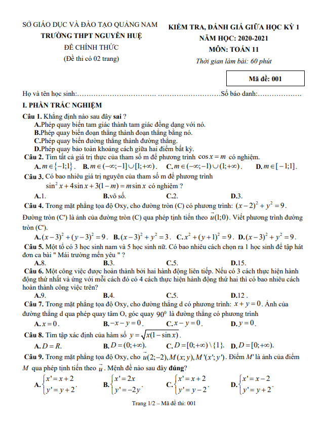 de thi giua hoc ki 1 hk1 lop 11 mon toan nam 2020 2021 truong thpt nguyen hue quang nam d
