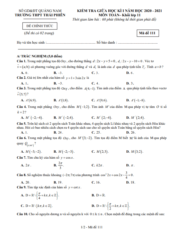 de thi giua hoc ki 1 hk1 lop 11 mon toan nam 2020 2021 truong thpt thai phien quang nam d