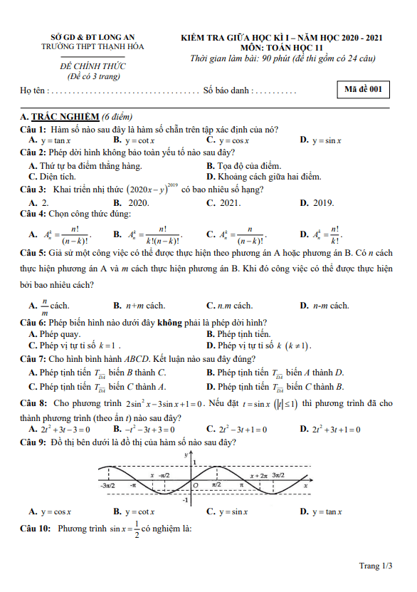 de thi giua hoc ki 1 hk1 lop 11 mon toan nam 2020 2021 truong thpt thanh hoa long an d