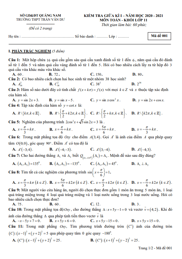 de thi giua hoc ki 1 hk1 lop 11 mon toan nam 2020 2021 truong thpt tran van du quang nam d