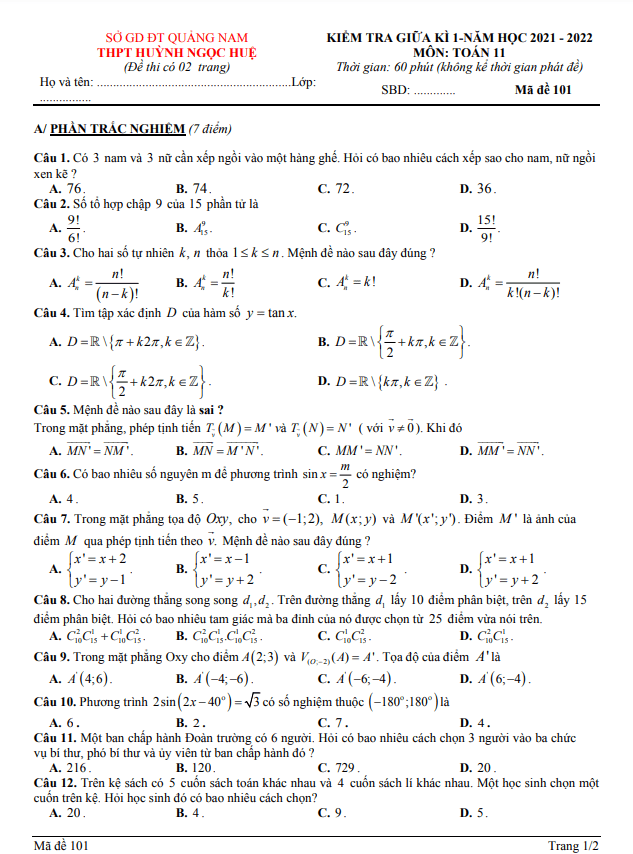 de thi giua hoc ki 1 hk1 lop 11 mon toan nam 2021 2022 truong thpt huynh ngoc hue quang nam d