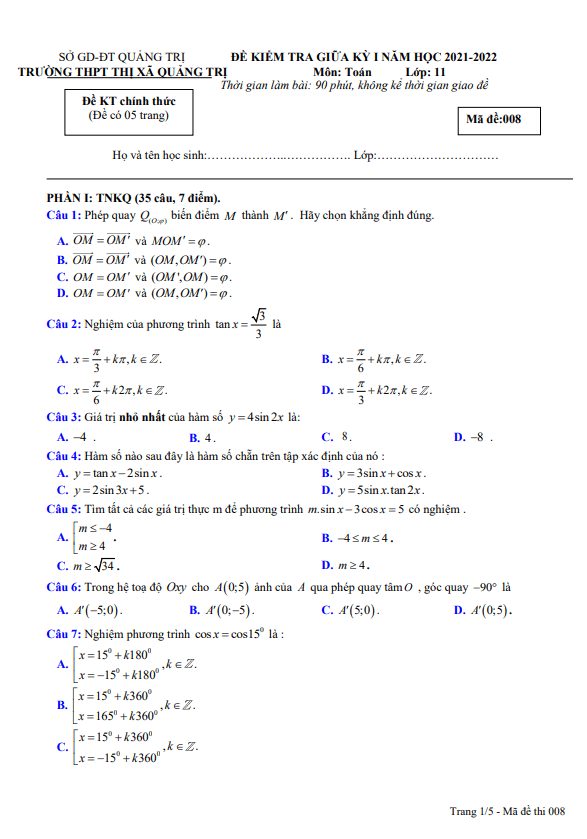 de thi giua hoc ki 1 hk1 lop 11 mon toan nam 2021 2022 truong thpt thi xa quang tri d