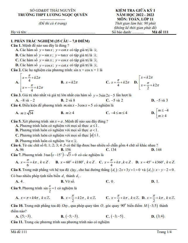 de thi giua hoc ki 1 hk1 lop 11 mon toan nam 2022 2023 thpt luong ngoc quyen thai nguyen d