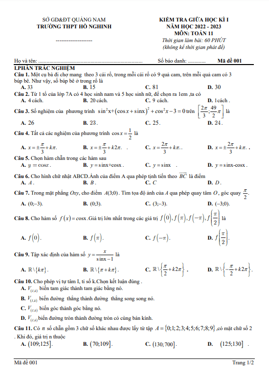 de thi giua hoc ki 1 hk1 lop 11 mon toan nam 2022 2023 truong thpt ho nghinh quang nam d