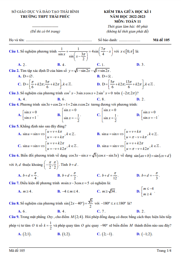 de thi giua hoc ki 1 hk1 lop 11 mon toan nam 2022 2023 truong thpt thai phuc thai binh d