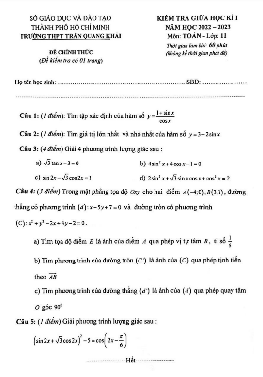 de thi giua hoc ki 1 hk1 lop 11 mon toan nam 2022 2023 truong thpt tran quang khai tp hcm d