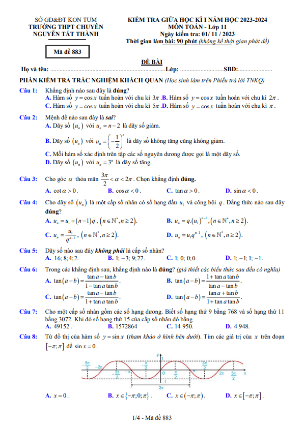 de thi giua hoc ki 1 hk1 lop 11 mon toan nam 2023 2024 truong chuyen nguyen tat thanh kon tum d