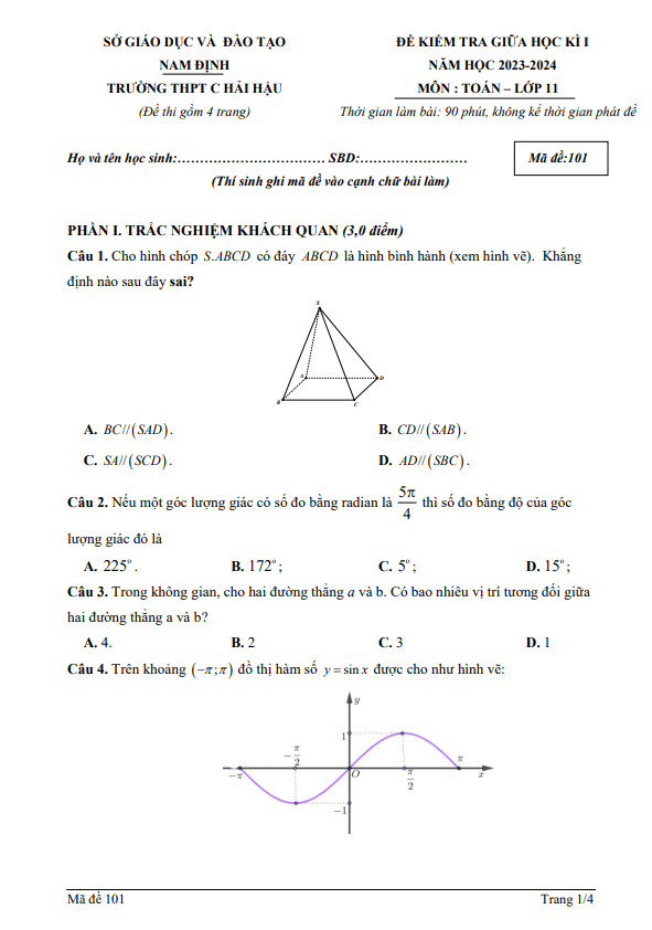 Đề thi giữa học kì 1 (HK1) lớp 11 môn Toán năm 2023 2024 trường THPT C Hải Hậu Nam Định 7 de thi giua hoc ki 1 hk1 lop 11 mon toan nam 2023 2024 truong thpt c hai hau nam dinh d