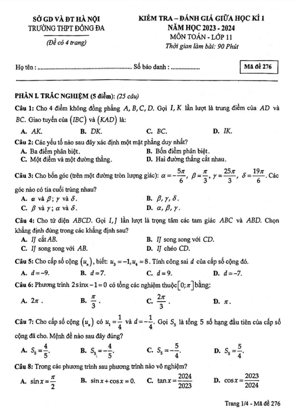 de thi giua hoc ki 1 hk1 lop 11 mon toan nam 2023 2024 truong thpt dong da ha noi d