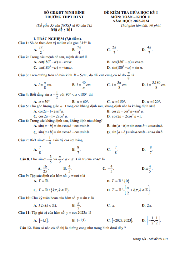 de thi giua hoc ki 1 hk1 lop 11 mon toan nam 2023 2024 truong thpt dtnt ninh binh d
