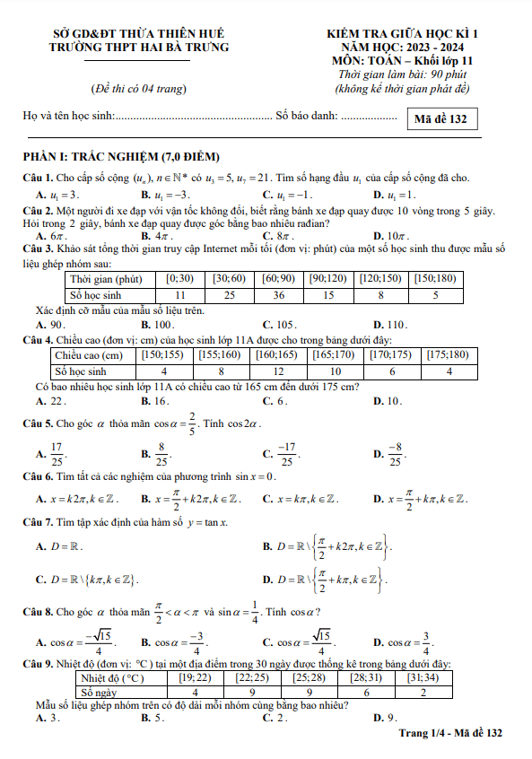 Đề thi giữa học kì 1 (HK1) lớp 11 môn Toán năm 2023 2024 trường THPT Hai Bà Trưng TT Huế 1 de thi giua hoc ki 1 hk1 lop 11 mon toan nam 2023 2024 truong thpt hai ba trung tt hue d
