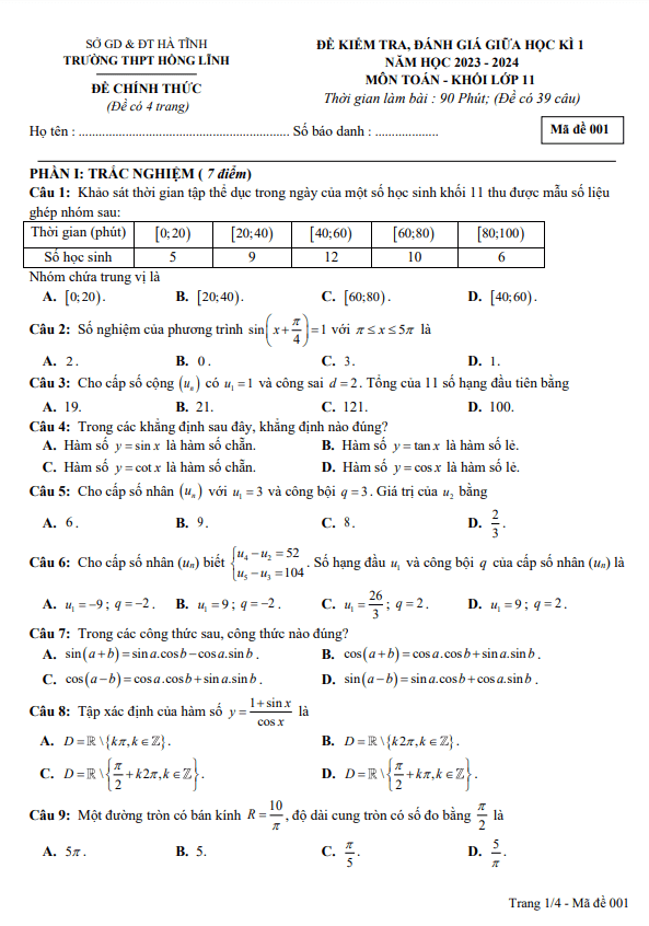 de thi giua hoc ki 1 hk1 lop 11 mon toan nam 2023 2024 truong thpt hong linh ha tinh d