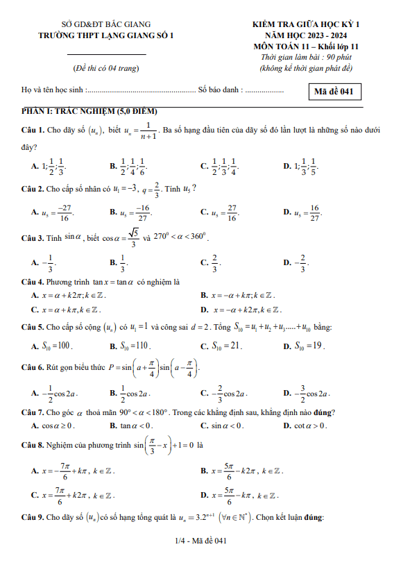 de thi giua hoc ki 1 hk1 lop 11 mon toan nam 2023 2024 truong thpt lang giang 1 bac giang d