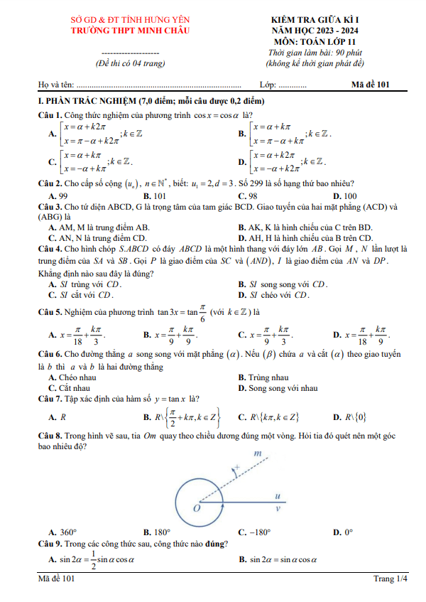 de thi giua hoc ki 1 hk1 lop 11 mon toan nam 2023 2024 truong thpt minh chau hung yen d