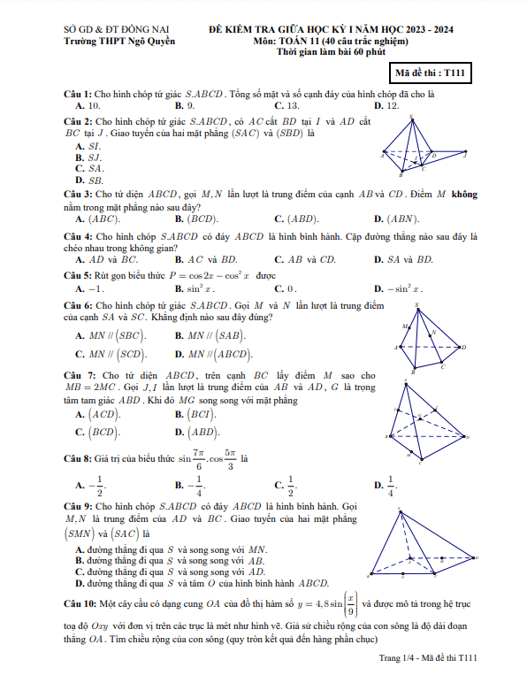 de thi giua hoc ki 1 hk1 lop 11 mon toan nam 2023 2024 truong thpt ngo quyen dong nai d