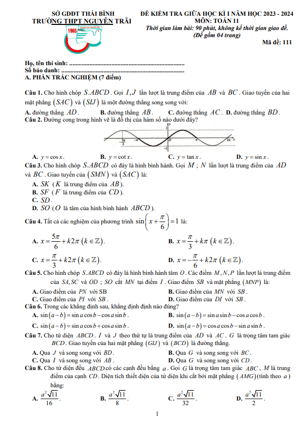de thi giua hoc ki 1 hk1 lop 11 mon toan nam 2023 2024 truong thpt nguyen trai thai binh d