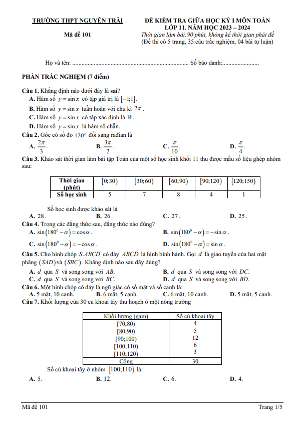 de thi giua hoc ki 1 hk1 lop 11 mon toan nam 2023 2024 truong thpt nguyen trai thanh hoa d