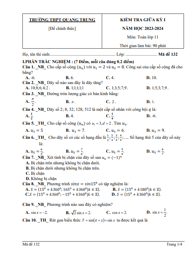 de thi giua hoc ki 1 hk1 lop 11 mon toan nam 2023 2024 truong thpt quang trung quang ngai d