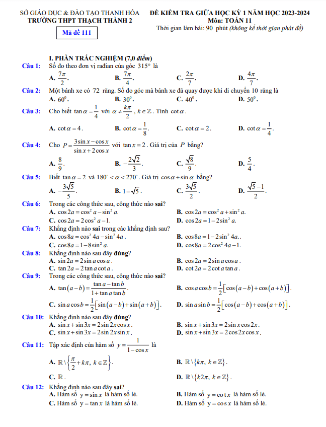 de thi giua hoc ki 1 hk1 lop 11 mon toan nam 2023 2024 truong thpt thach thanh 2 thanh hoa d
