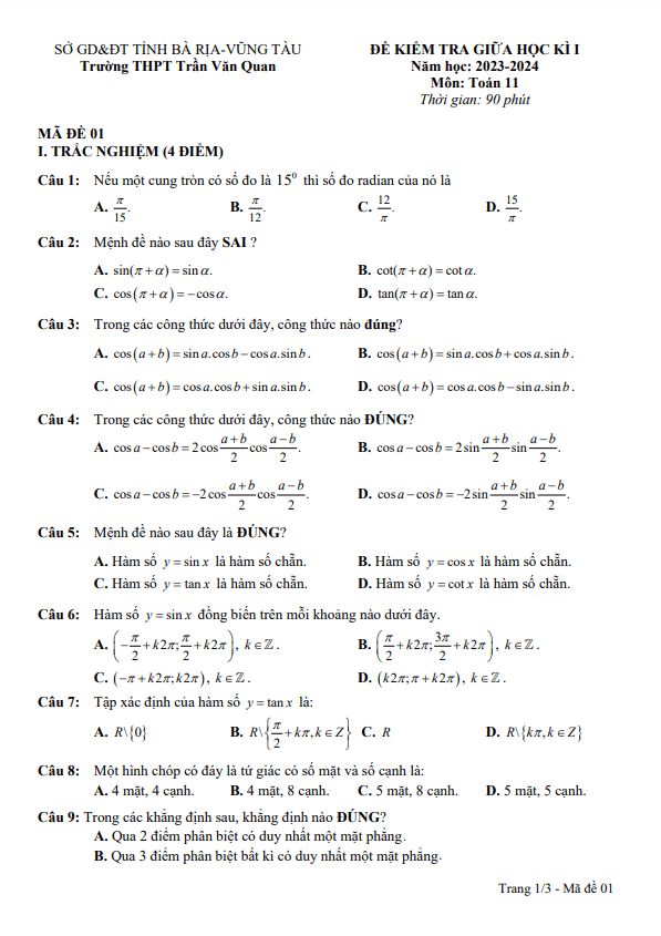 de thi giua hoc ki 1 hk1 lop 11 mon toan nam 2023 2024 truong thpt tran van quan br vt d