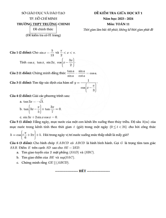 de thi giua hoc ki 1 hk1 lop 11 mon toan nam 2023 2024 truong thpt truong chinh tp hcm d