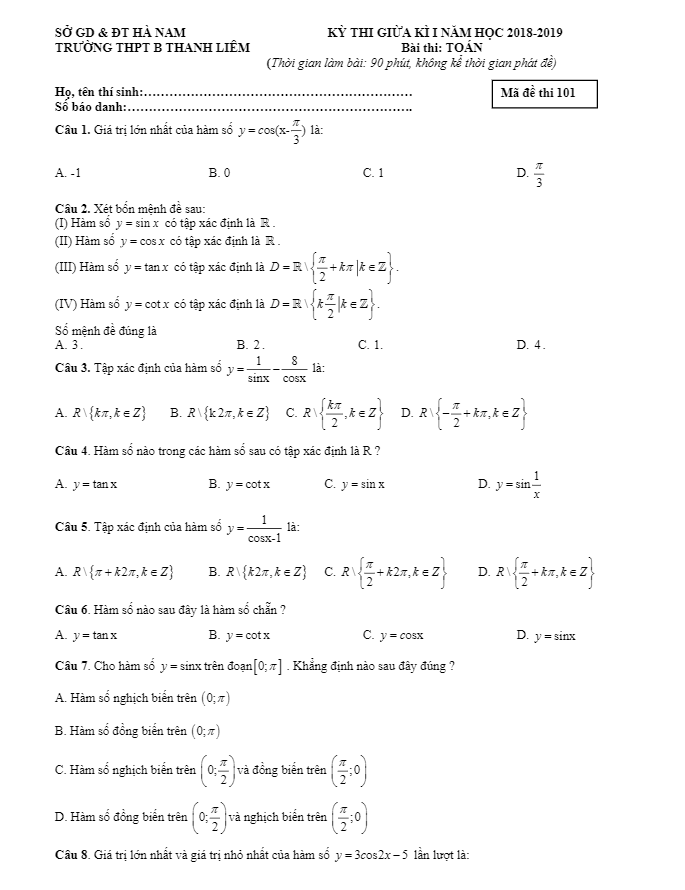 de thi giua hoc ki 1 hk1 lop 11 mon toan nam hoc 2018 2019 truong thpt b thanh liem ha nam d