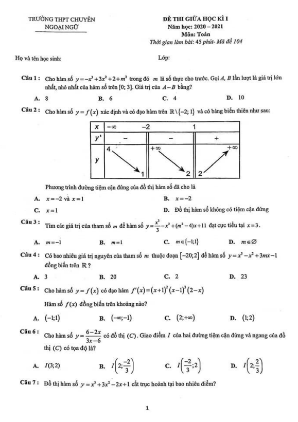 de thi giua hoc ki 1 hk1 lop 12 mon toan nam 2020 2021 truong chuyen ngoai ngu ha noi d