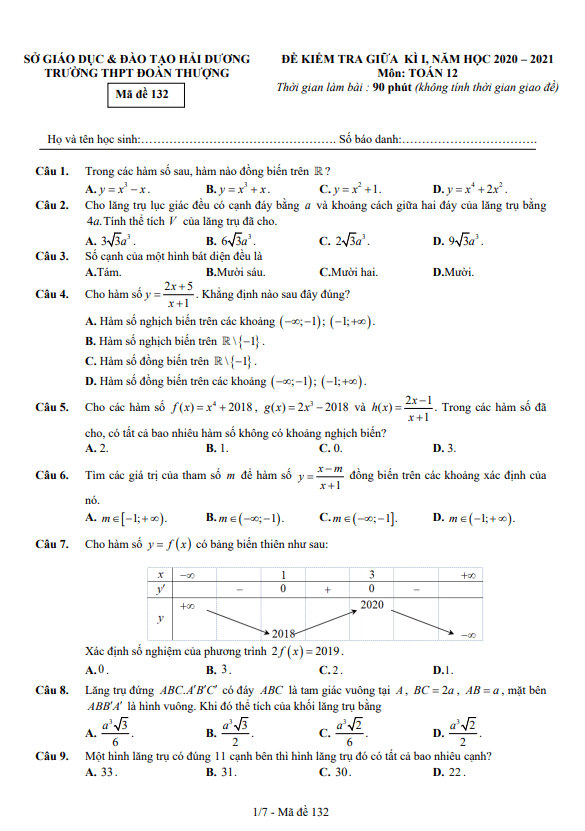 de thi giua hoc ki 1 hk1 lop 12 mon toan nam 2020 2021 truong thpt doan thuong hai duong d