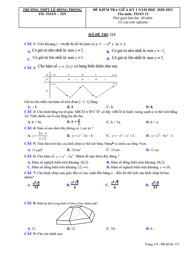 de thi giua hoc ki 1 hk1 lop 12 mon toan nam 2020 2021 truong thpt le hong phong quang nam d