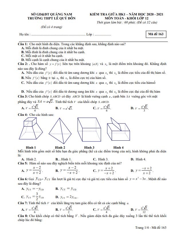 de thi giua hoc ki 1 hk1 lop 12 mon toan nam 2020 2021 truong thpt le quy don quang nam d