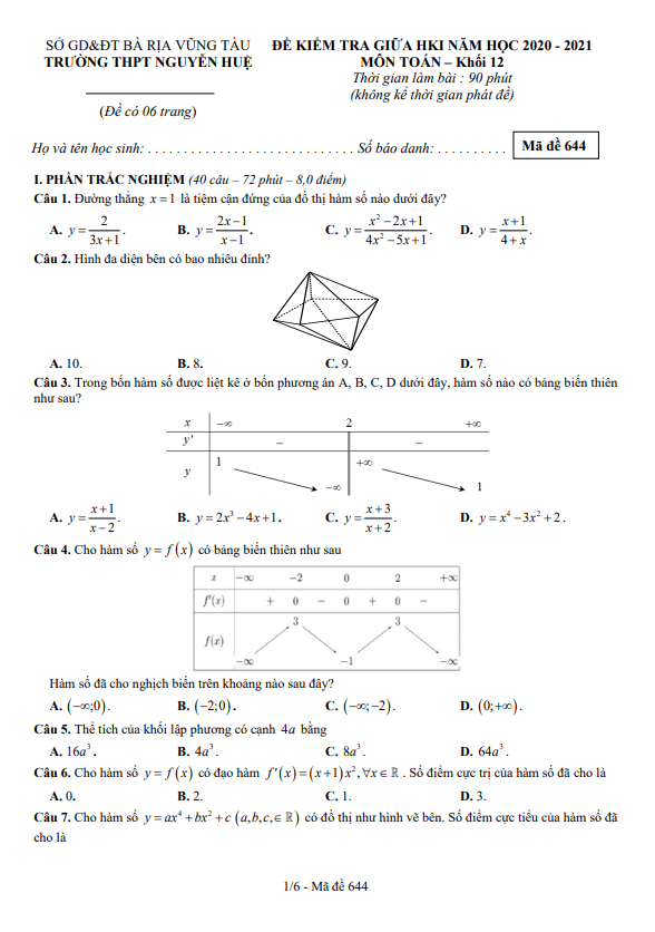 de thi giua hoc ki 1 hk1 lop 12 mon toan nam 2020 2021 truong thpt nguyen hue ba ria vung tau d
