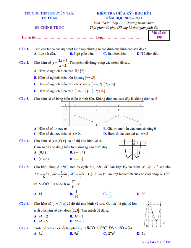 de thi giua hoc ki 1 hk1 lop 12 mon toan nam 2020 2021 truong thpt nguyen trai quang nam d